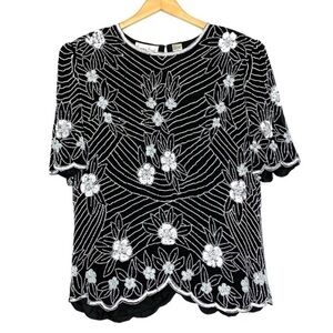 Vintage Laurence Kazar Floral Sequin Beaded Short Sleeve Blouse